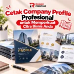 Company profile perusahaan tercetak berbentuk buku dengan sampul laminasi dan jilid rapi